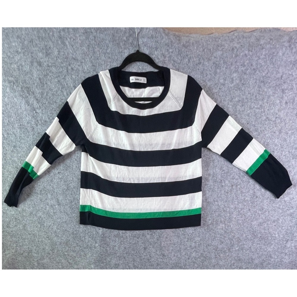 Zara Knit Women Stripe Long Sleeve Sweater Navy Blue White Green‎ Small